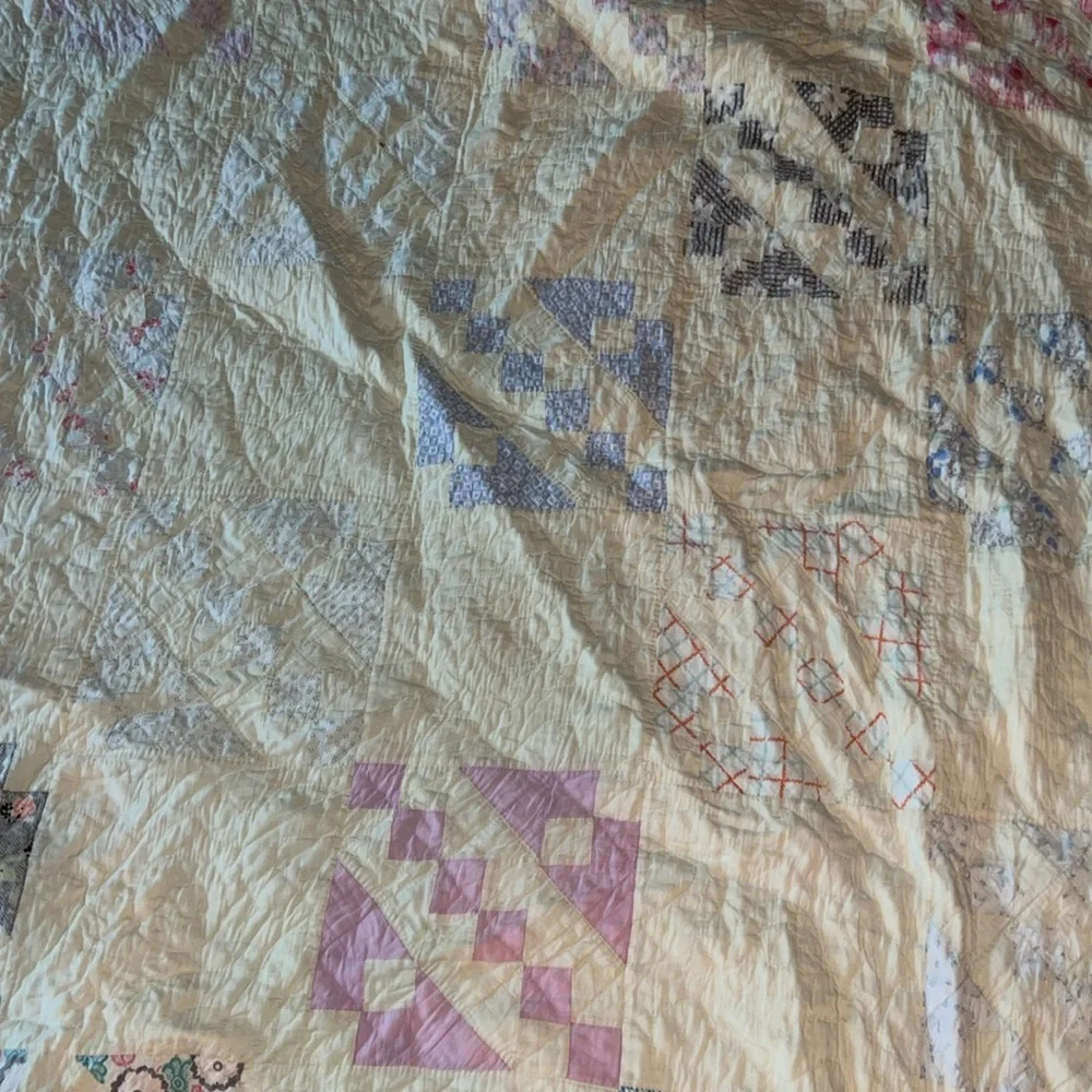 Antique twin size handmade squares patchwork triangle quilt 54” x 80”